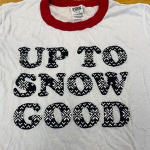 PINK Victoria's Secret White Tee with Red Collar and Black Graphic